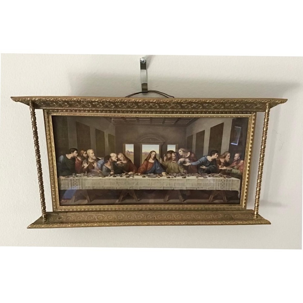 Vintage Last Supper Framed Print Ornate Gold Tone Metal Easel Back 10.5x6